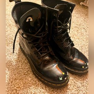 Black Dr. Martens, shiny pleather, size 9 women’s combat boots